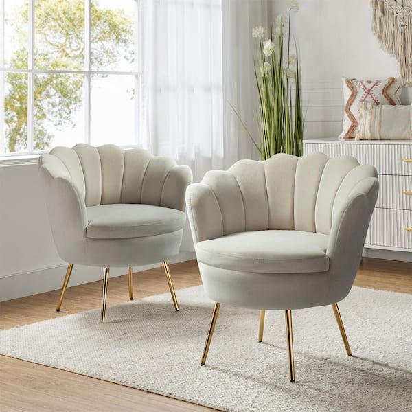 Fidelia Golden Legs Tan Tufted Barrel Chair with Scalloped Seashell Edges (Set of 2)