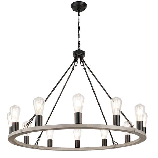 Unbranded 12-Light Yellow gray and Black Large Industrial Rustic Wagon Wheel Chandelier for Living Room Foyer Dining Room