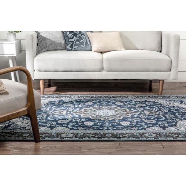 Kings Court Gene Traditional Medallion Persian Blue Machine Washable Low Pile 5 ft. x 7 ft. Indoor/Outdoor Area Rug