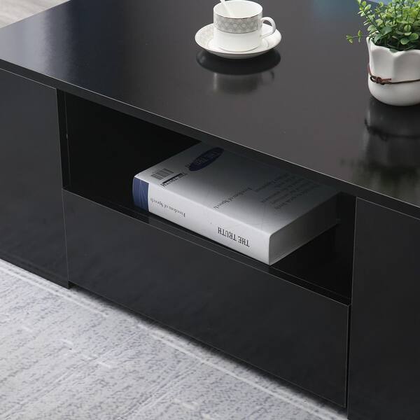 Modern High Gloss Surface Cocktail Table, Coffee Table with Large Drawer,  Black-ModernLuxe