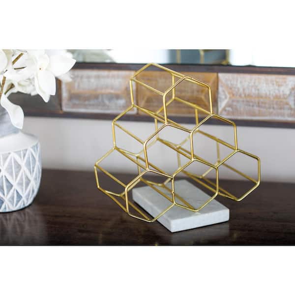 Litton Lane 6- Bottle Gold Wine Rack with Marble Base