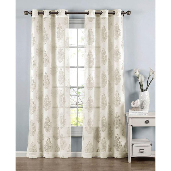 Window Elements Sheer Penelope Cotton Blend Burnout Sheer 84 in. L Grommet Curtain Panel Pair, Ivory (Set of 2)