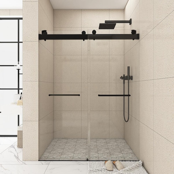 JimsMaison 72 in. W x 79 in. H Double Sliding Frameless Shower Door in Matte Black Finish with Clear Glass