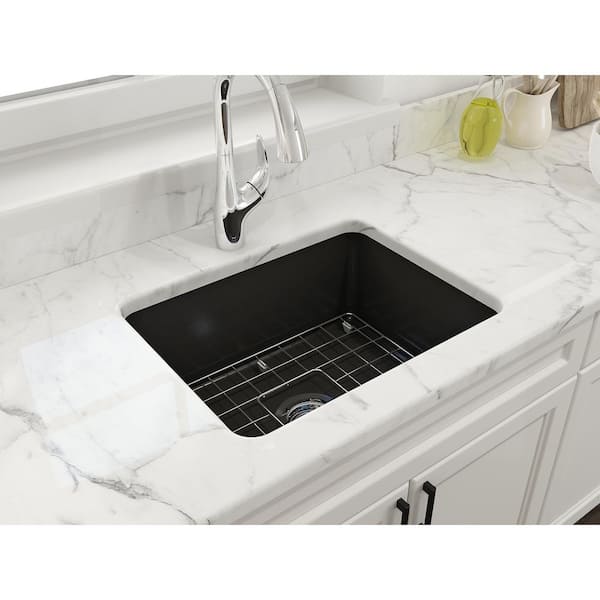BOCCHI Sotto Matte Black Fireclay 24 in. Single Bowl Undermount/Drop-In Kitchen Sink w/Protective Bottom Grid and Strainer