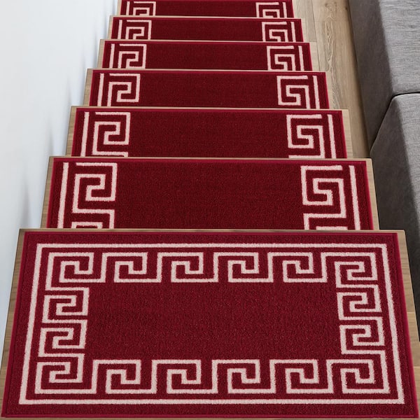 Greek Key Burgundy Red 8.5 in. x 26 in. Stair Tread Cover (Set of 13)