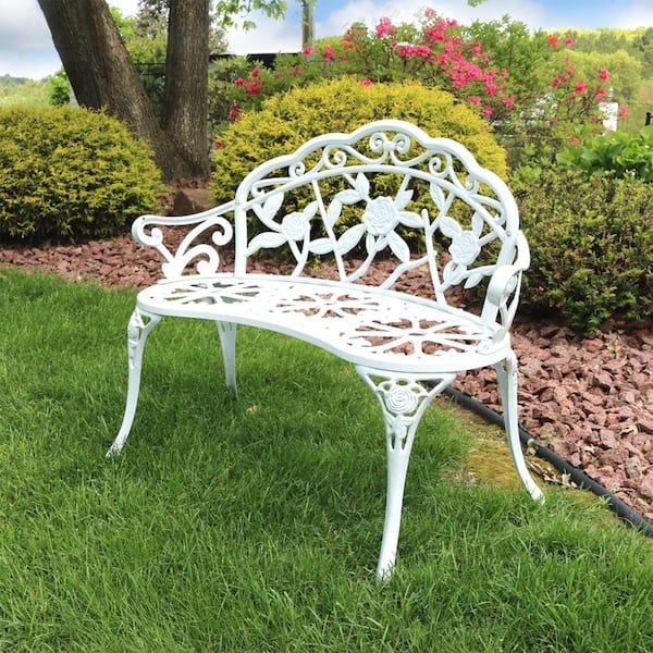 Sunnydaze Classic Rose White Cast Aluminum Outdoor 2-Person Bench