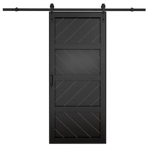 36 in. x 84 in. 4-Lites Black Wave MDF Barn Door Slab with Installation Hardware Kit