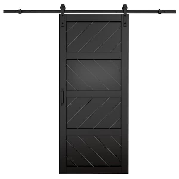 ARK DESIGN 36 in. x 84 in. 4-Lites Black Wave MDF Barn Door Slab with Installation Hardware Kit