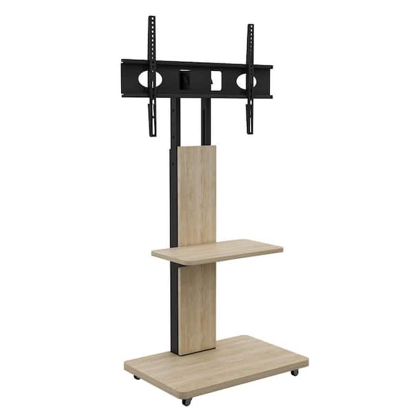 23.62 in. W Natural Finish TV Stand with Shelf, Height Adjustable TV Cart for 32-75 in., Floor TV Mount on Wheels
