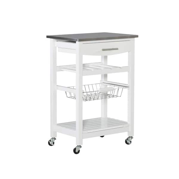 Linon Home Decor Todd White Kitchen Cart with Stainless Steel Top and Storage