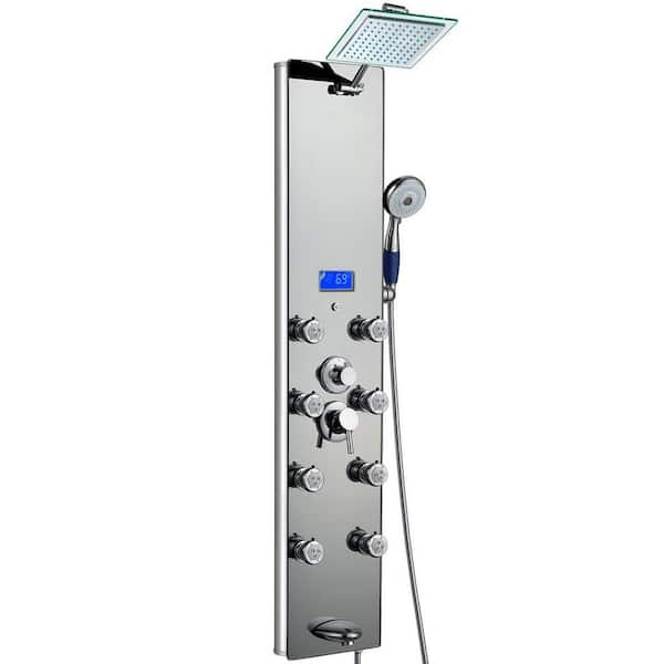 AKDY 52 in. 8-Jet Shower Panel System in Mirror Silver Tempered Glass with Rainfall Shower Head LED Display Handshower