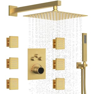 Thermostatic 7-Spray 12 in. Wall Mount Dual Shower Head and Handheld Shower 2.5 GPM in Brushed Gold (Valve Included)