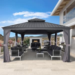 12 ft. x 24 ft. Gray Aluminum Hardtop Gazebo Canopy for Patio Deck Backyard Heavy-Duty with Netting and Upgrade Curtains