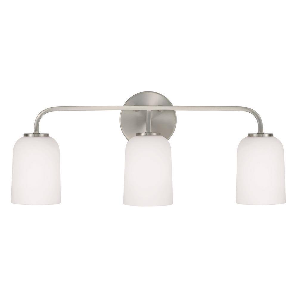 Brushed Nickel 3-Light Vanity with Soft White Glass Shades