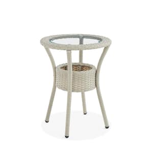 Haven Beige Round All-Weather Wicker Outdoor Side Table with Storage