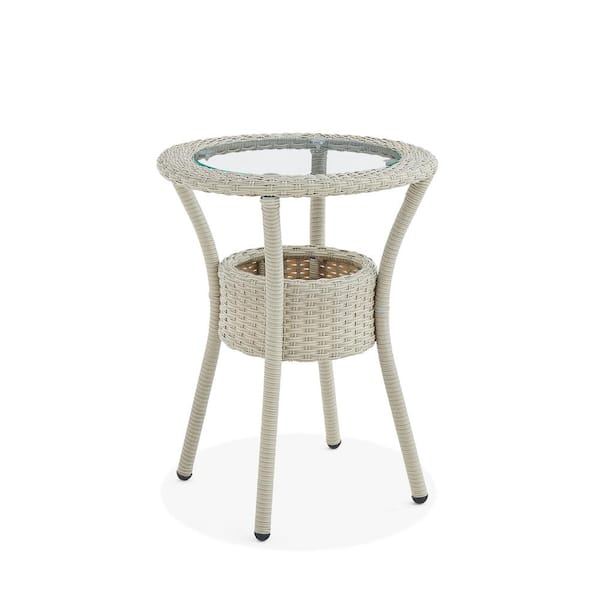 Alaterre Furniture Haven Beige Round All-Weather Wicker Outdoor Side Table with Storage