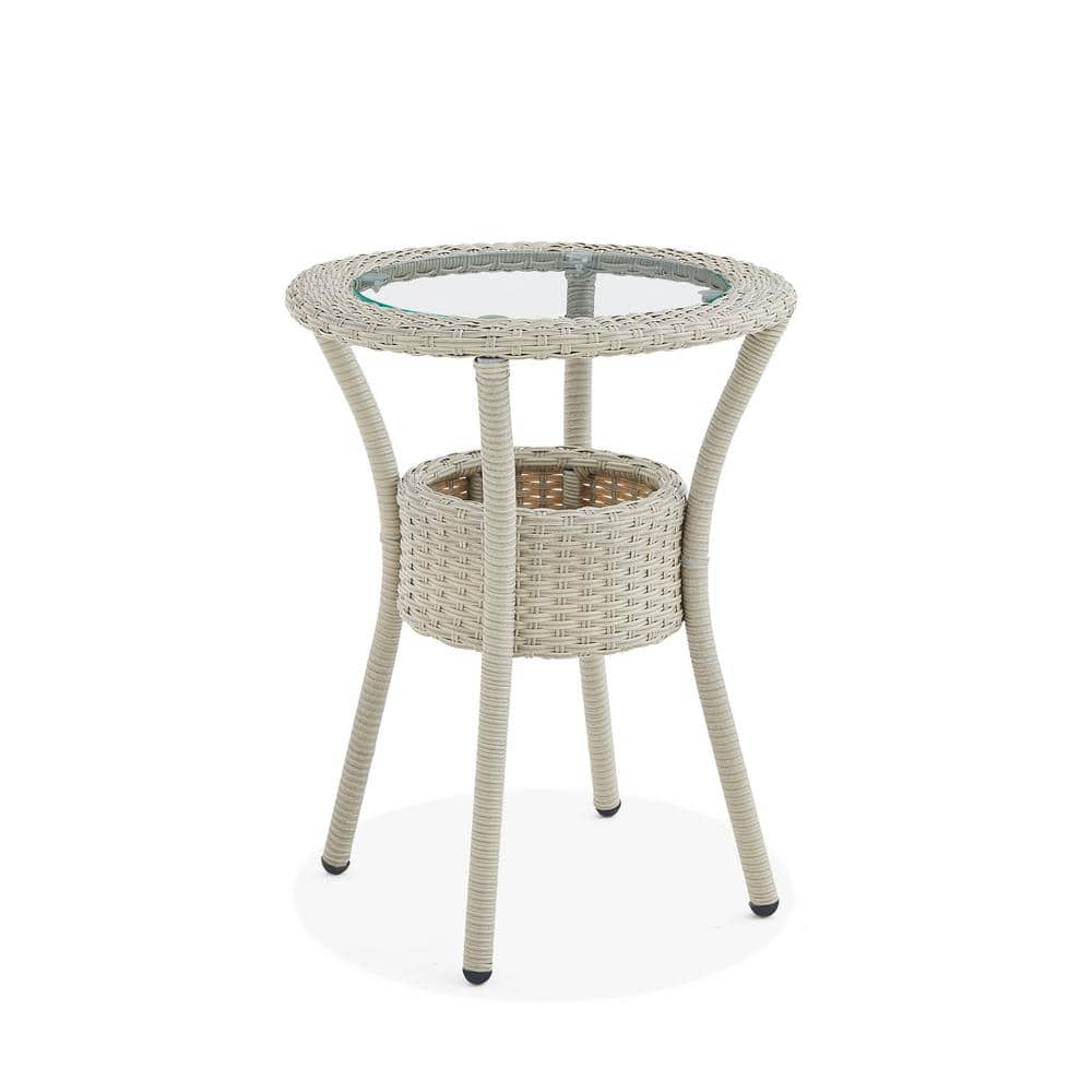 Beige Round Wicker Outdoor Accent Table with Glass Top and Storage
