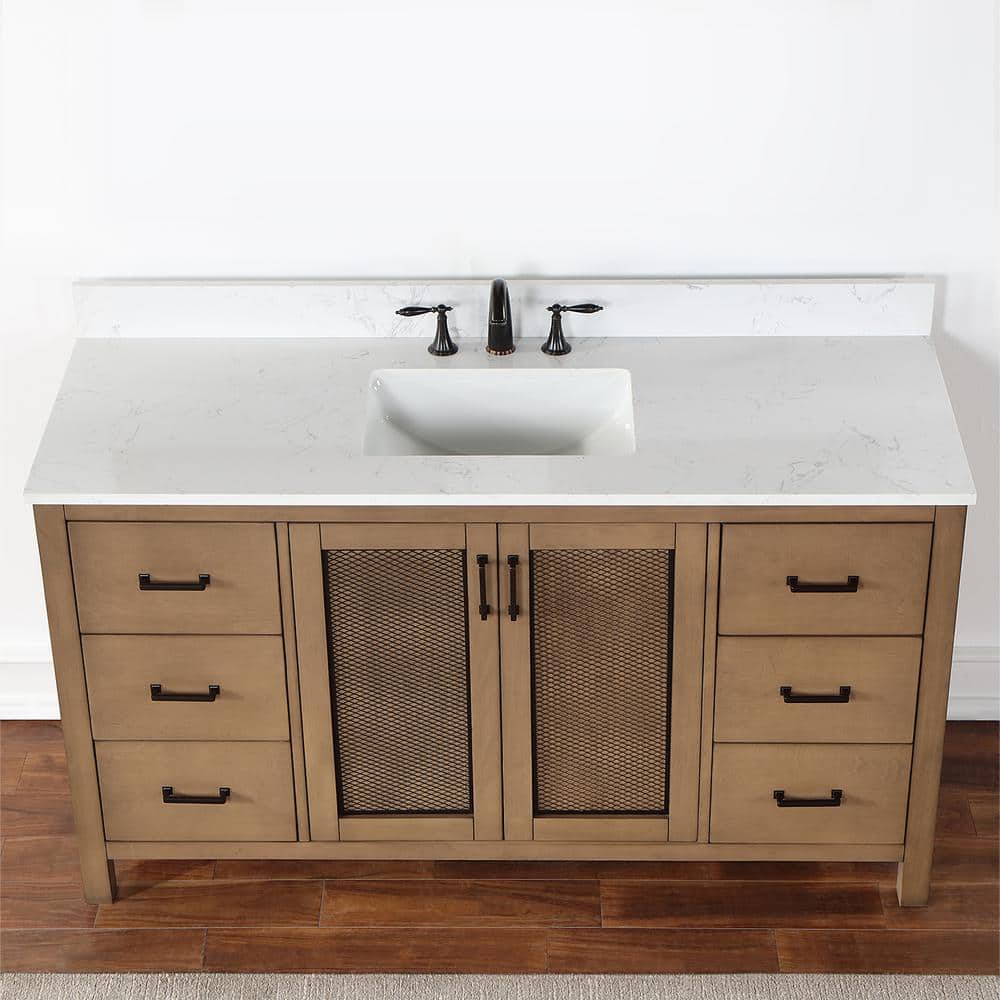 Hadiya 60" Brown Pine Vanity with White Composite Stone Countertop