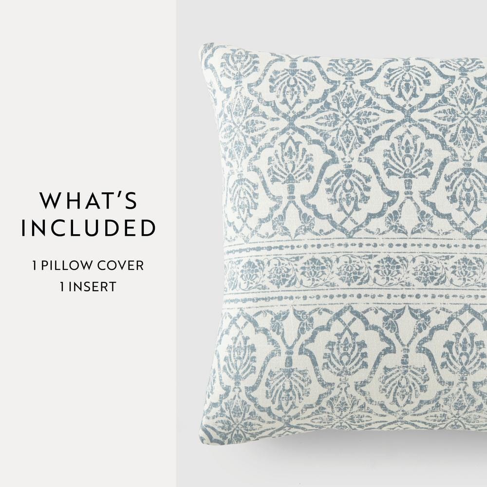Elegant Light Blue Cotton Floral Square Throw Pillow