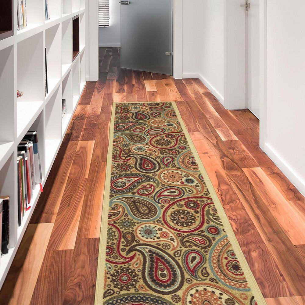 Beige and Red Synthetic Paisley Non-Slip Runner Rug