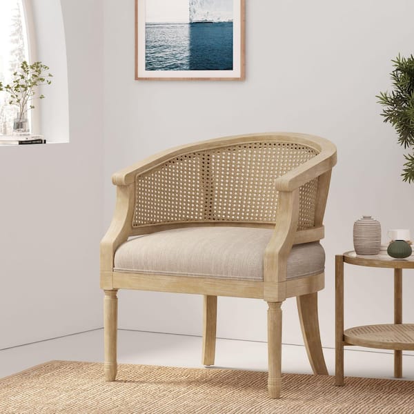 Beige and Natural Fabric Upholstered Solid Wood Accent Arm Chair with Cane Webbing