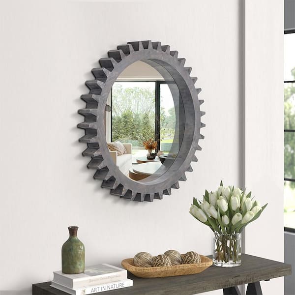 Unbranded Dark Brown 17 in W x 17 in. H Industrial Round MDF And Glass Framed Mirror Wall Mirror Vanity Mirror