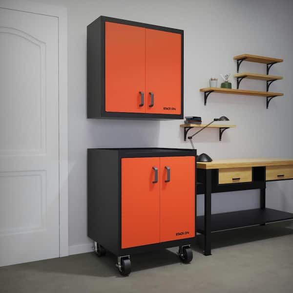 Stack-On Garage Cabinet Set, Black: 2 Wall Cabinets, Base Cabinet w/Drawers, Bottom Cabinet w/Shelves, 2 Tall Cabinets