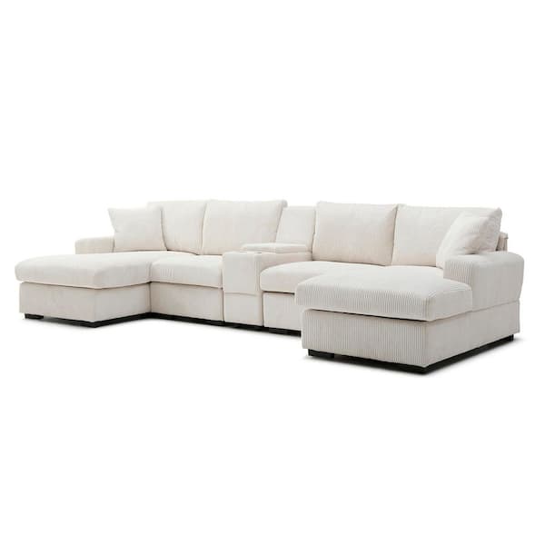 Salome 126 in. Square Arms Corduroy U-Shaped Modular Sectional Sofa in Beige with Storage Console, Cup Holders