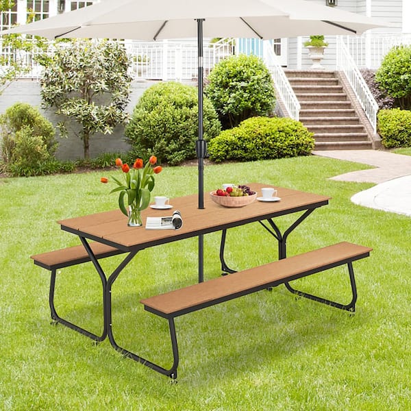 Boyel Living 72 in. Brown Rectangle Metal Outdoor Picnic Table Bench Set for 6-8 People with Umbrella Hole