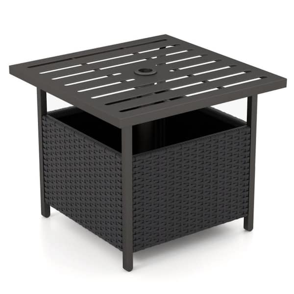165 lb. Rattan Patio Umbrella Base in Black, Umbrella Weighted Stand, Outdoor Side Table with Umbrella Hole 1.5 in.