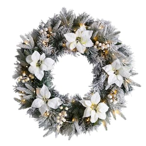24 in. Prelit LED Flocked Poinsettia and Pine Artificial Christmas Wreath with 50 Warm White LED Lights
