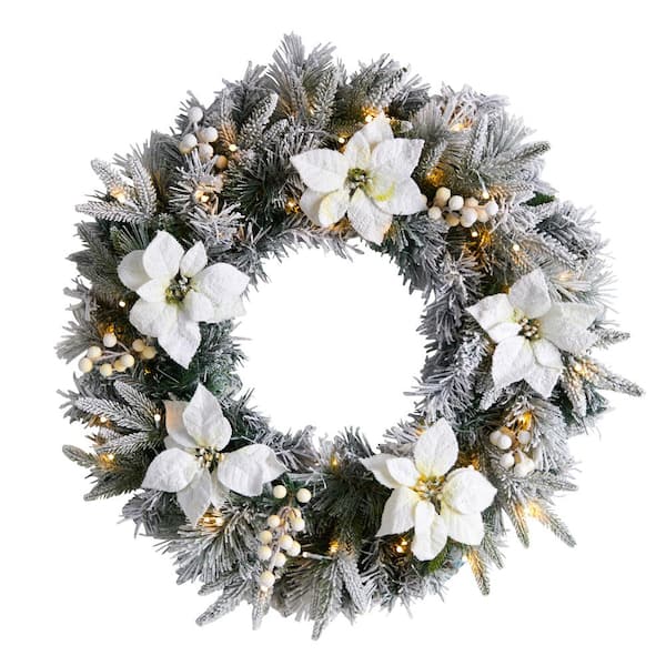Nearly Natural 24 in. Prelit LED Flocked Poinsettia and Pine Artificial Christmas Wreath with 50 Warm White LED Lights