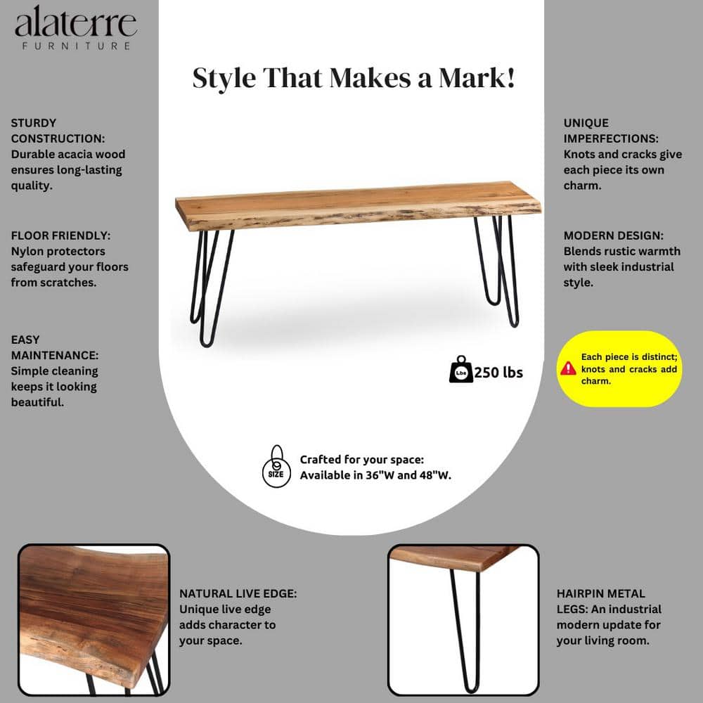 Natural Acacia Wood 48" Hairpin Metal Leg Live Edge Bench