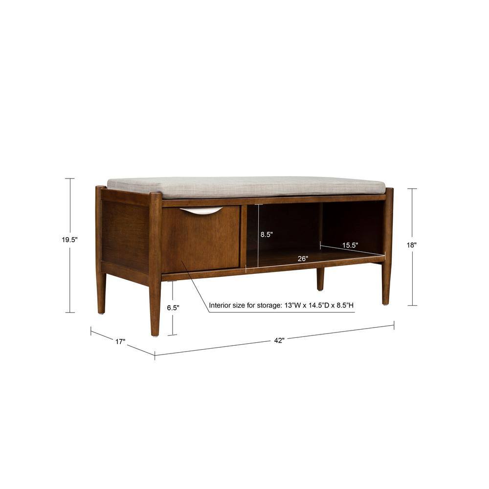 Mid-Century Walnut Storage Bench with Upholstered Cushion