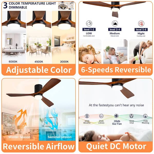 52 in. Black Propeller Flush Mount Low Profile Ceiling Fan with Light, Brown Wood Blades, DC Motor, Remote Control