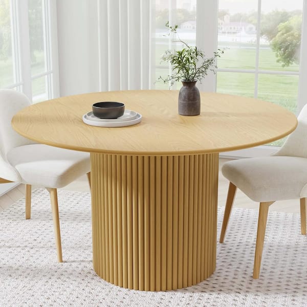Cylindrical Natural Colored Wood 60 in. Column Base Raw Edge Dining Table for 8