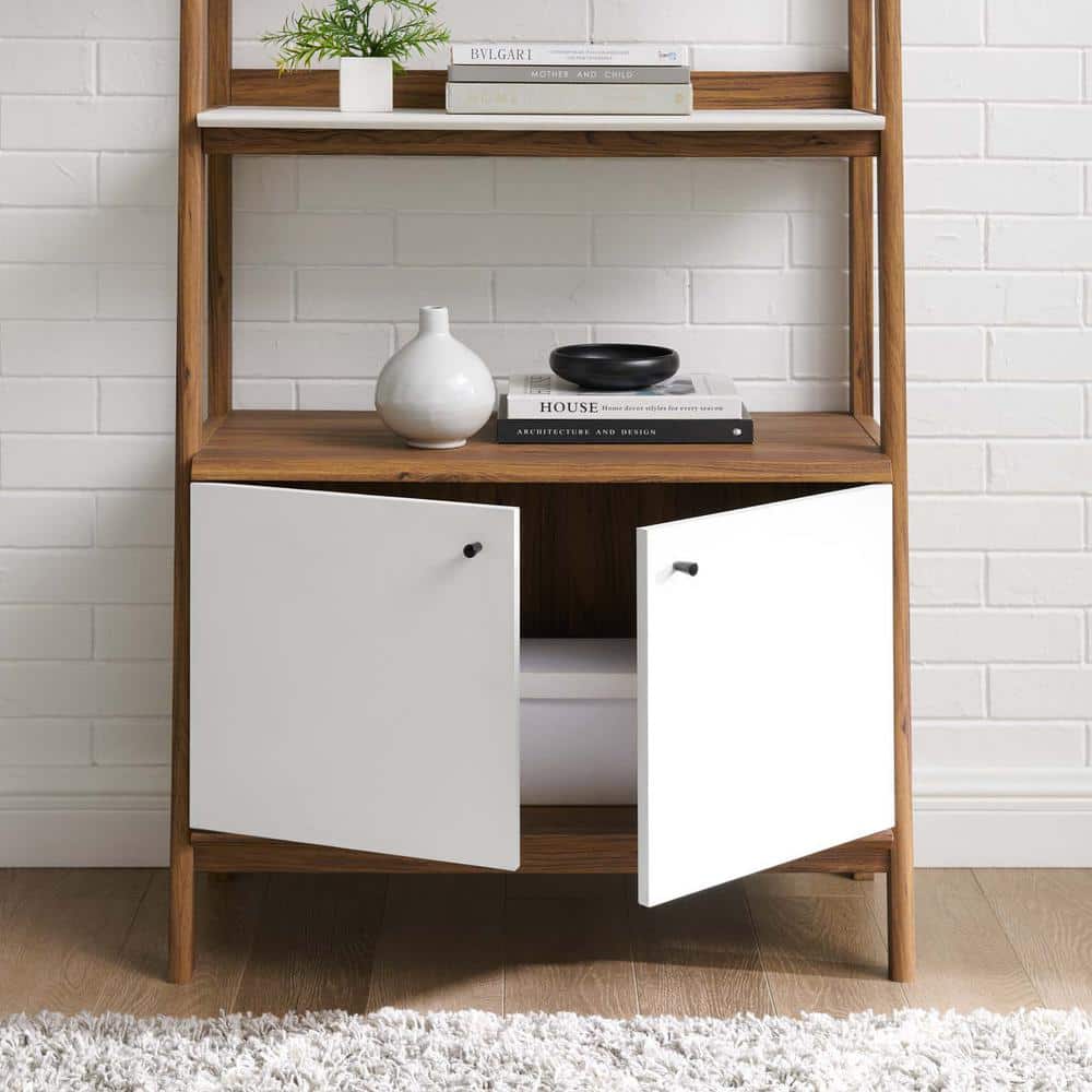 Walnut White 33" Tiered Bookshelf with Concealed Storage