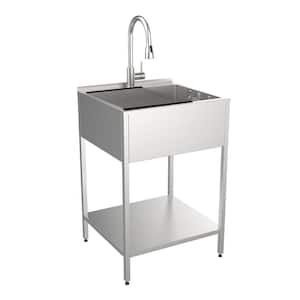 15 Gal. 22.1 in. D x 24 in. W Freestanding Laundry Sink with Cabinet in Brushed Satin with Faucet and Accessories