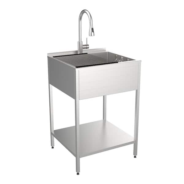Transolid 15 Gal. 22.1 in. D x 24 in. W Freestanding Laundry Sink with Cabinet in Brushed Satin with Faucet and Accessories