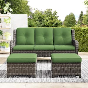 Wicker Outdoor Patio Sofa Sectional Set with Green Cushions and Ottoman