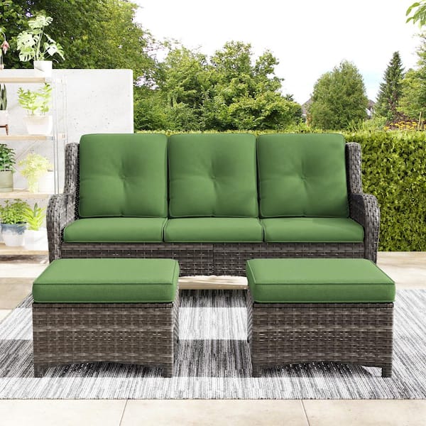JOYSIDE Wicker Outdoor Patio Sofa Sectional Set with Green Cushions and Ottoman