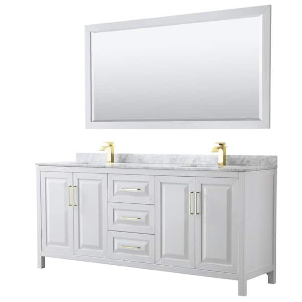 Wyndham Collection Daria 80 in. W x 22 in. D x 35.75 in. H Double Sink Bath Vanity in White with White Carrara Marble Top and 70 in. Mirror