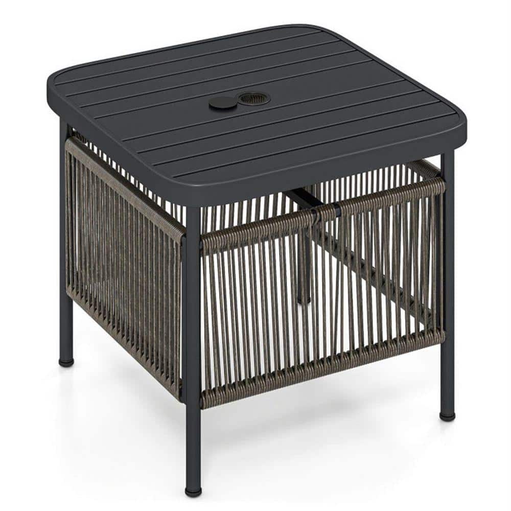 Outdoor Metal Side Table with Umbrella Hole- Black