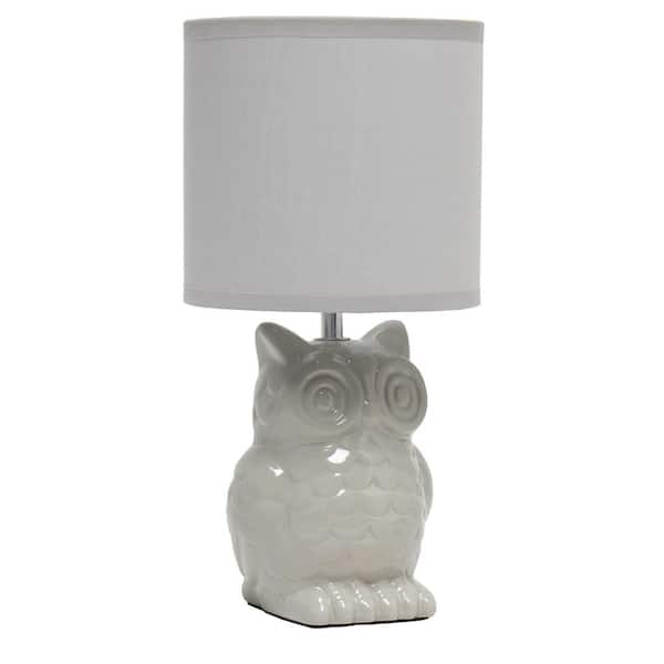 Simple Designs 12.8 in. Gray Tall Contemporary Ceramic Owl Bedside Table Desk Lamp with Matching Fabric Shade