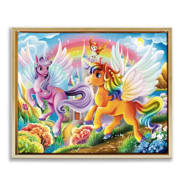 Stupell Industries Fluttering Unicorns and Rainbow by Image World Gold Floater Frame Fantasy Graphic Art Print 25 in. x 31 in.