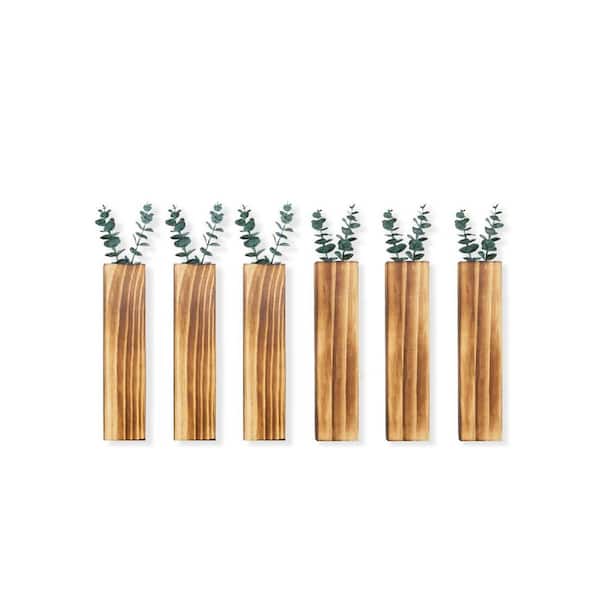 12 in. x 3 in. Brown Wood Wall Planters with 12-Piece Artificial Eucalyptus, Plant Wall Decor for Living Room 6-Pack