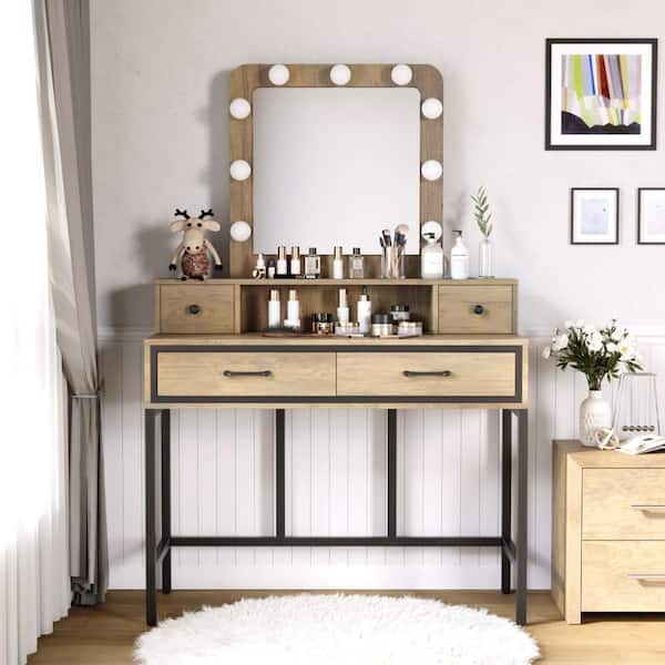 39.37 in. W x 15.75 in. H Brown Vanity Desk with Lighted Mirror and 4 Drawers for Women Girls