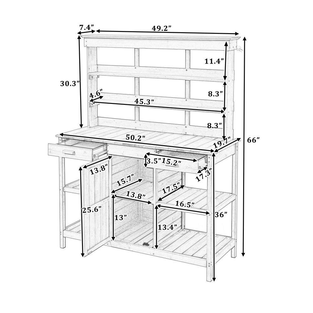 66 in. Brown Fir Wood Outdoor Potting Bench with Drawers