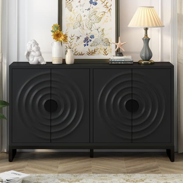Boosicavelly Black MDF 58 in. Sideboard with Adjustable Shelves,Water Wave Design Doors