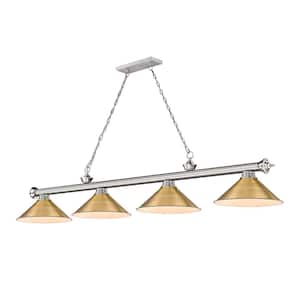 Cordon 4-Light Brushed Nickel with Metal Rubbed Brass Shade Billiard Light with No Bulbs Included